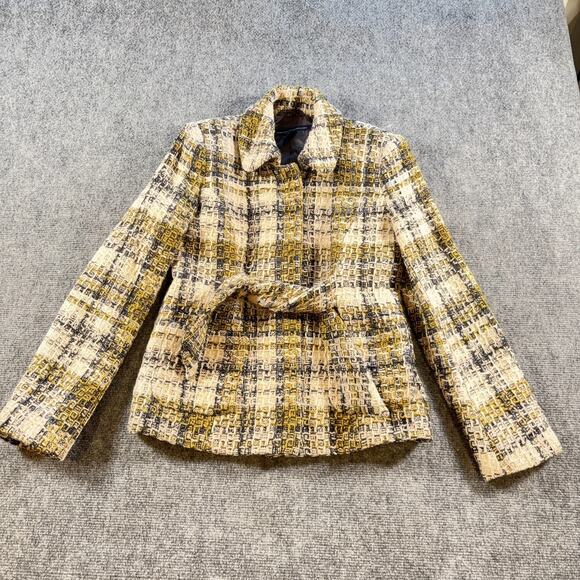 French Connection Tweed Jacket Size 4 Yellow Black Cream Belted Rounded Collar - Picture 2 of 10